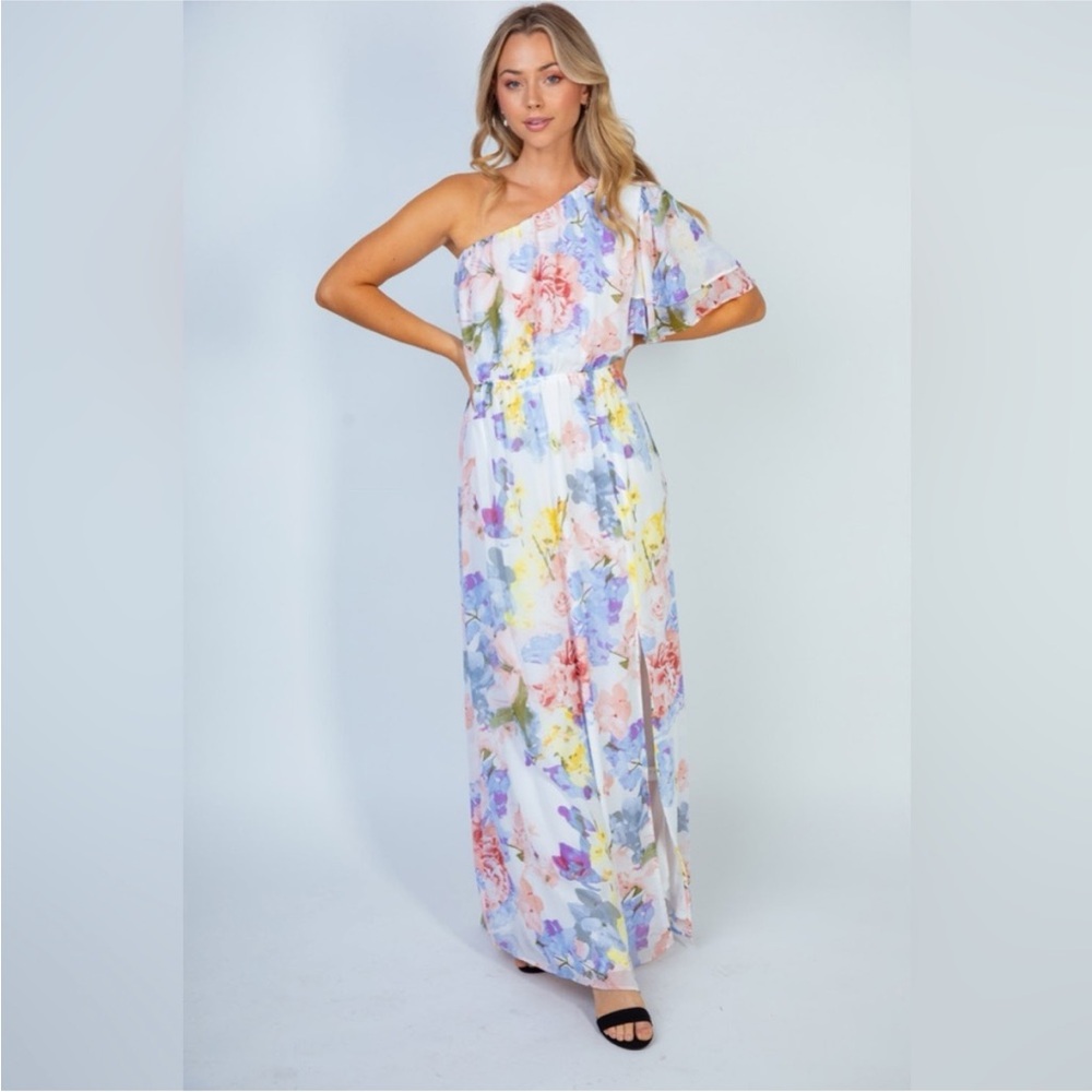 White Birch Garden Diva Pastel Floral One-Shoulder Maxi Dress S - Picture 3 of 5